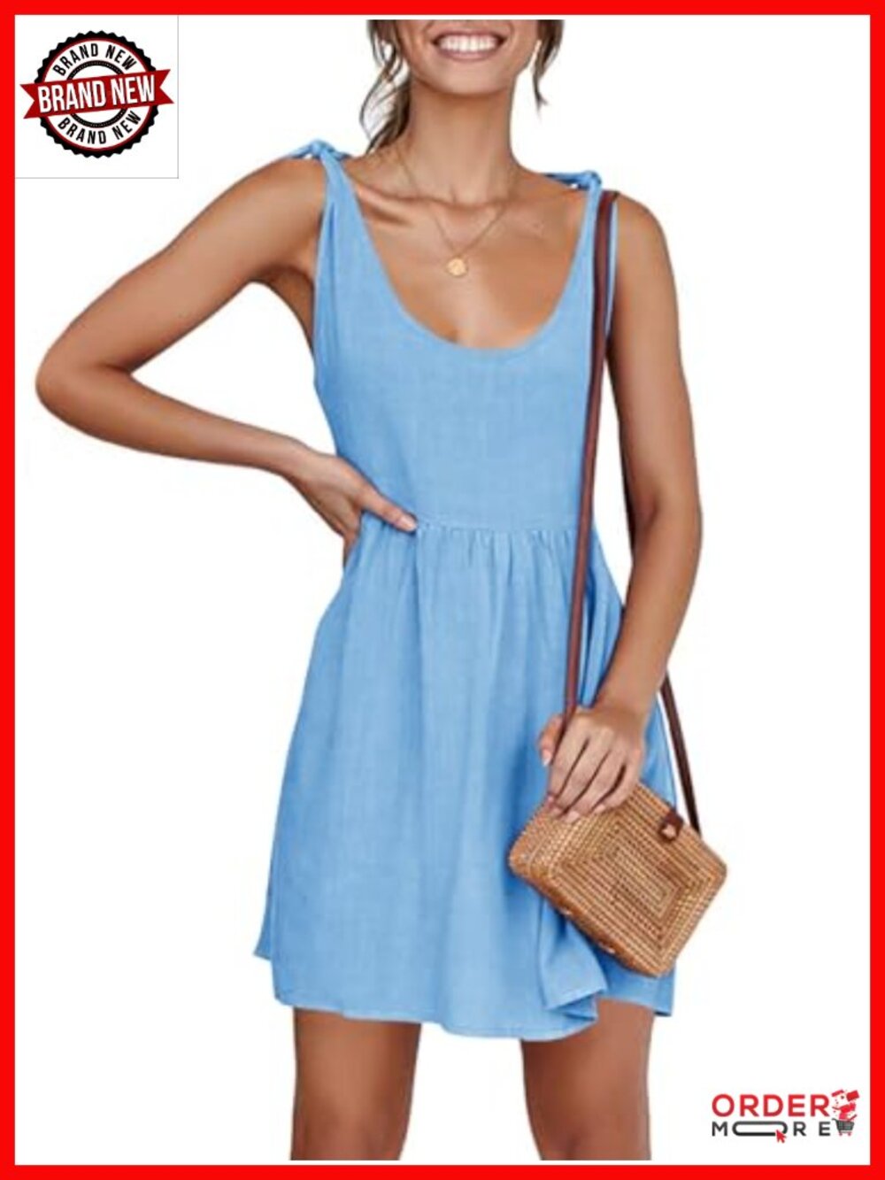85% Rayon 15% Flax Tie Strap Babydoll Mini Sundress Scoop Neck A-Line